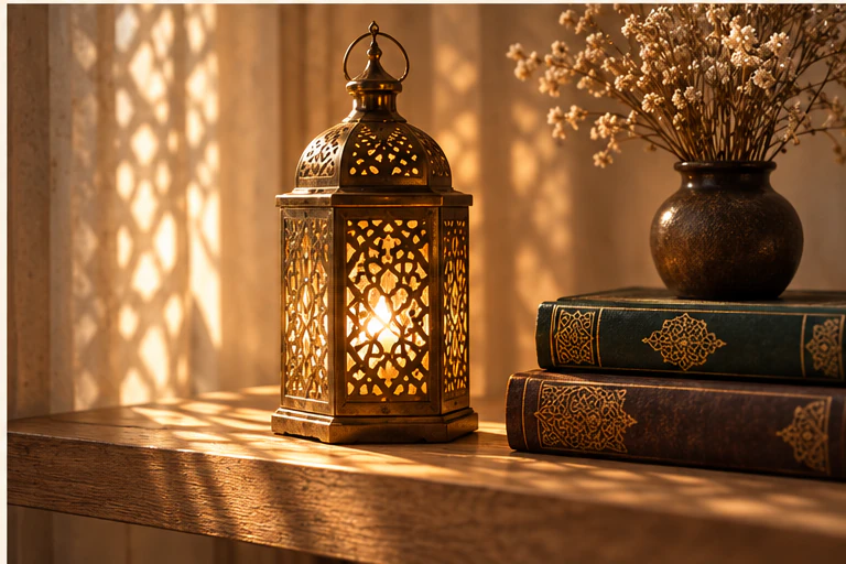 Lanterne décorative et livres raffinés dans un intérieur chaleureux